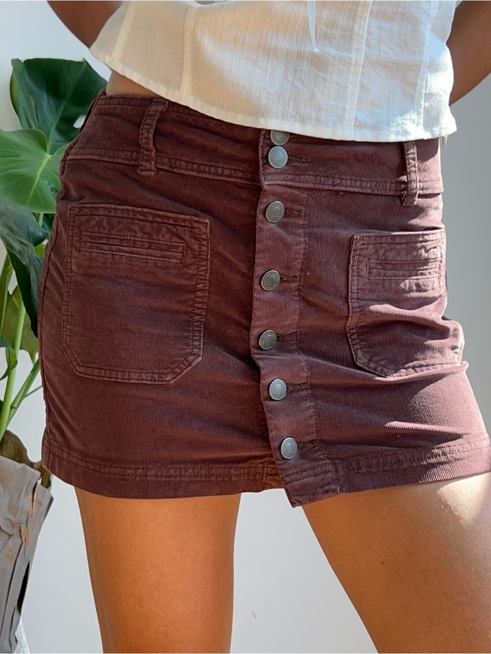 Free People Brown Corduroy Button Down Mini Skirt